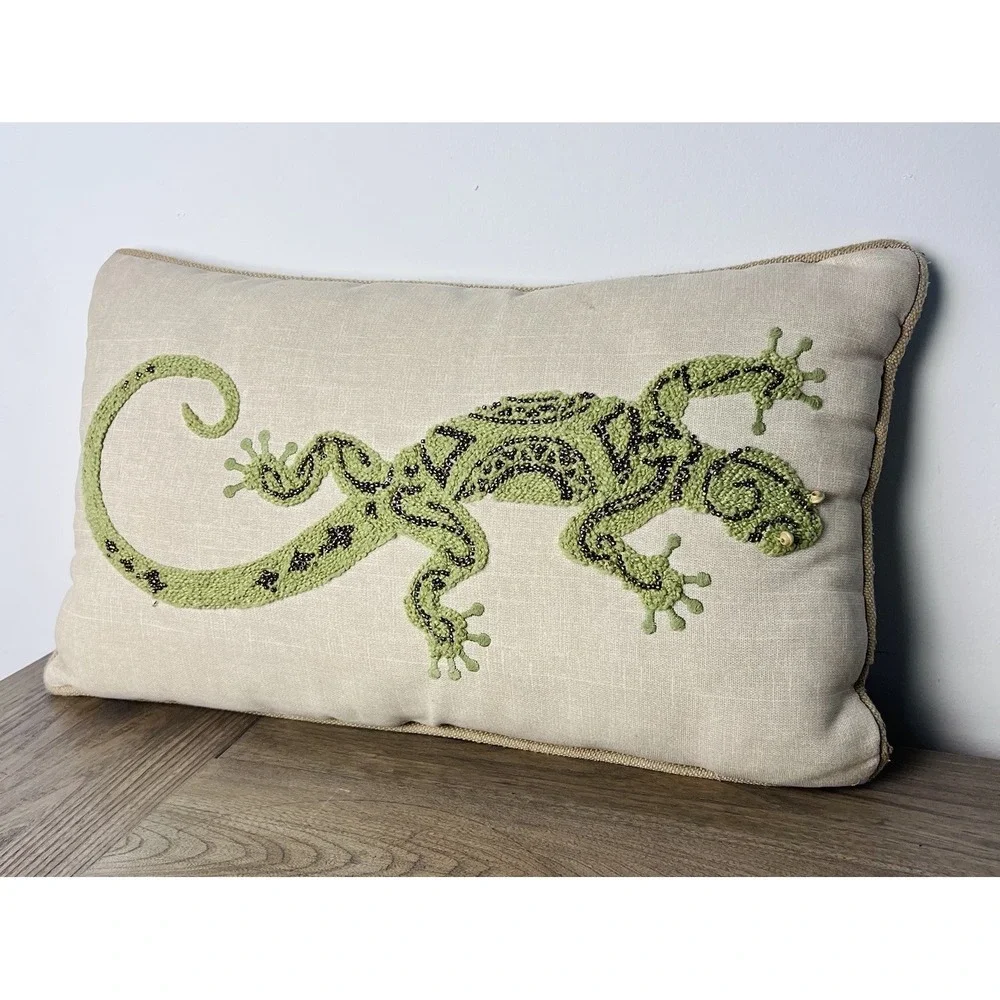 Pier 1 Imports Beaded Embroidered Lizard Gecko Lumbar Pillow 19x10 Boho Decor